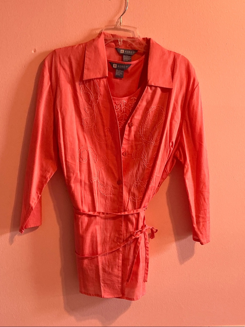 Koret Coral Embroidered Two piece Top NWOT